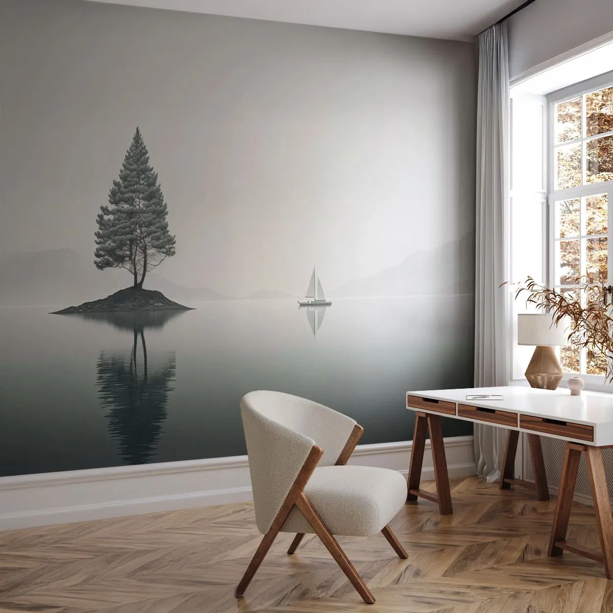 Papier Peint Photo Premium Sand - Un lac minimaliste avec un arbre solitaire et un voilier dans un paysage brumeux - 100x70cm - Un rêve somnolent - Décoration murale moderne pour le salon et la chambre ARTTOR