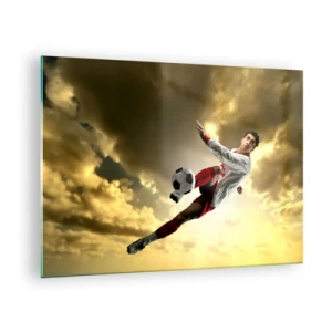 Impression sur verre - Image sur verre - Un joueur de football en action contre un ciel doré - 70x50cm - Le paradis du football - Décoration murale moderne pour le salon et la chambre ARTTOR