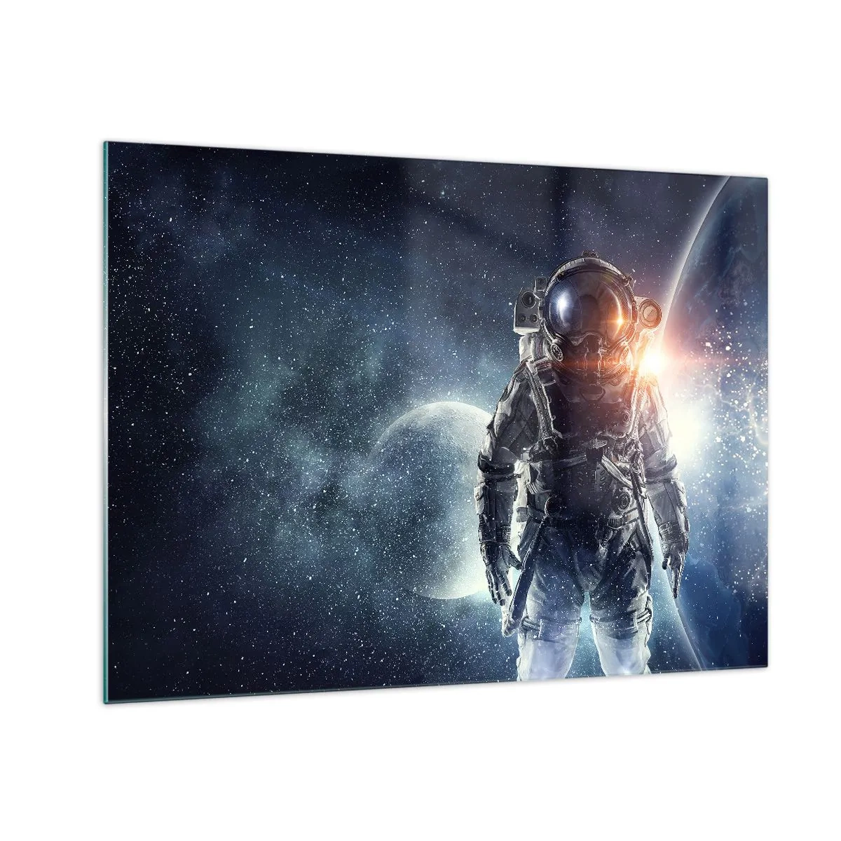 Impression sur verre - Image sur verre - Astronaute sur fond de planètes et d'étoiles - 70x50cm - Aventure spatiale - Décoration murale moderne pour le salon et la chambre ARTTOR