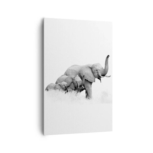Impression sur toile - Image sur toile - Une famille d'éléphants sur fond de paysage africain en noir et blanc. - 80x120cm - Un, deux, trois - Décoration murale moderne pour le salon et la chambre ARTTOR
