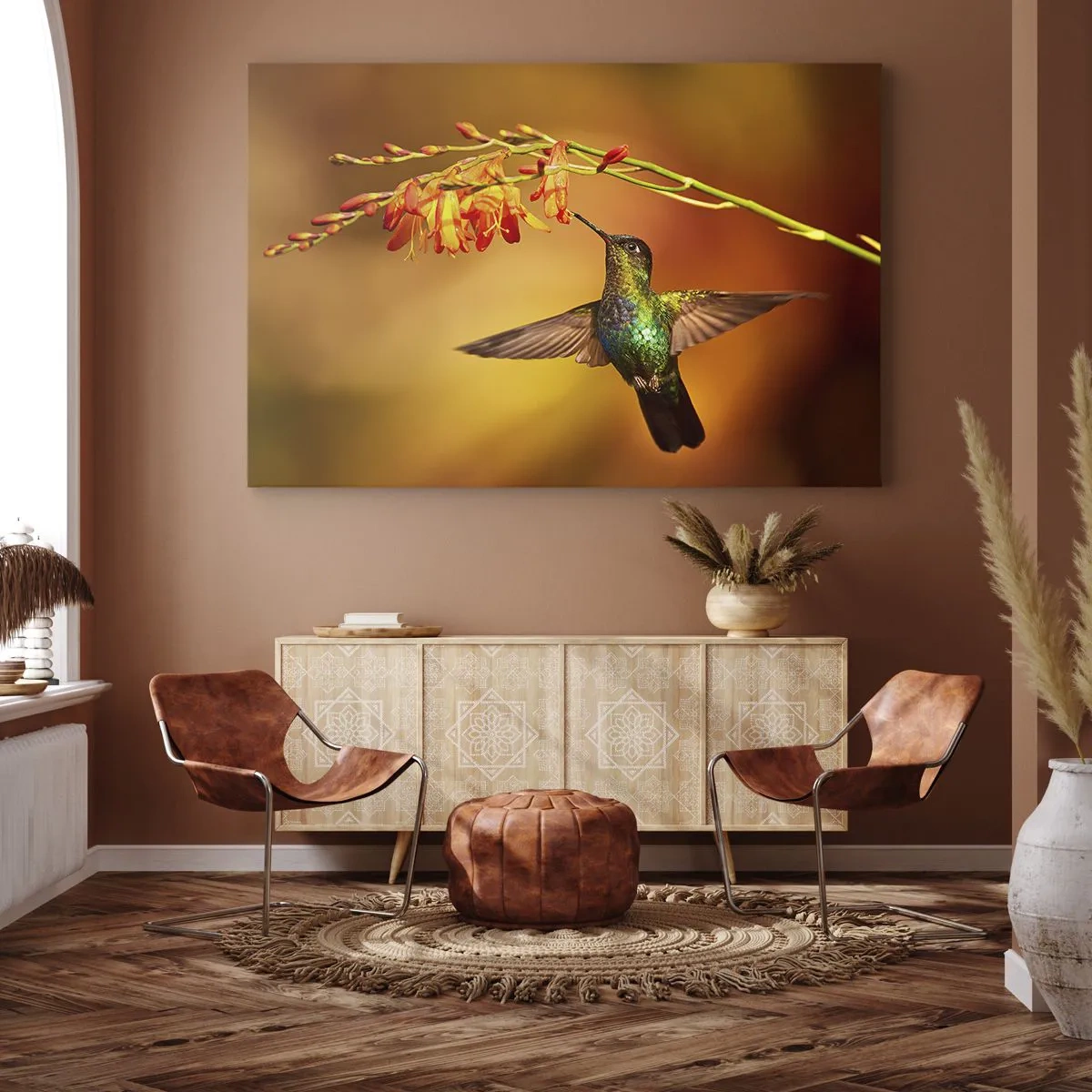 Impression sur toile - Image sur toile - Colibri près d'une fleur dans la lumière chaude - 100x70cm - Un messager de lumière selon les Mayas - Décoration murale moderne pour le salon et la chambre ARTTOR
