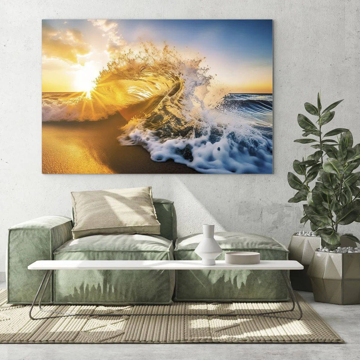 Impression sur verre - Image sur verre - Une vague s'écrasant contre le rivage, illuminée par les rayons du soleil couchant - 70x50cm - S'amuser dans le sable - Décoration murale moderne pour le salon et la chambre ARTTOR