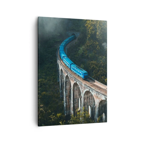 Impression sur toile - Image sur toile - Un train bleu sur un viaduc historique au milieu des forêts - 50x70cm - Train nature - Décoration murale moderne pour le salon et la chambre ARTTOR