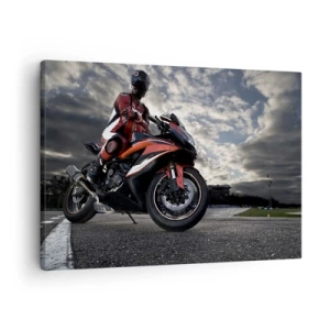Impression sur toile - Image sur toile - Un motocycliste sur une moto de sport contre un ciel nuageux - 70x50cm - Cavalier noir - Décoration murale moderne pour le salon et la chambre ARTTOR