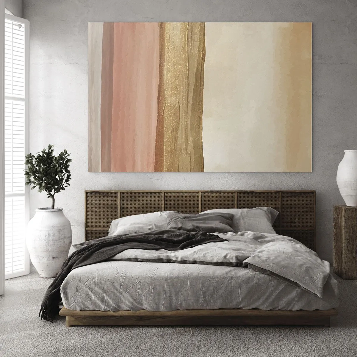 Impression sur verre - Image sur verre - Rayures abstraites dans des tons chauds de beige et d'or - 100x70cm - Composition verticale - Décoration murale moderne pour le salon et la chambre ARTTOR