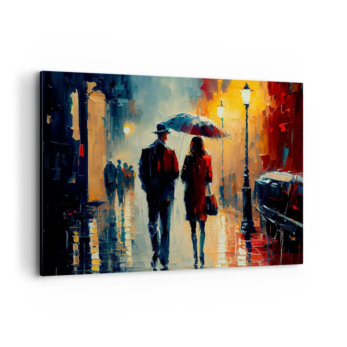 Impression sur toile - Image sur toile - Marcher sous la pluie sous un parapluie en ville la nuit - 100x70cm - Histoire d'amour urbaine - Décoration murale moderne pour le salon et la chambre ARTTOR