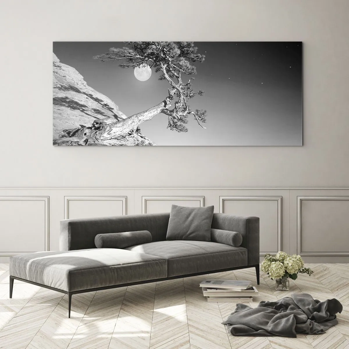 Impression sur verre - Image sur verre - Arbre noir et blanc sur une falaise avec la lune en arrière-plan - 140x50cm - Un combattant vainqueur - Décoration murale moderne pour le salon et la chambre ARTTOR