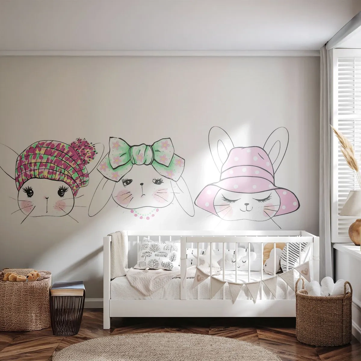 Papier Peint Photo Premium Sand - Délicates illustrations de lapins portant des coiffes ornées - 100x70cm - Pensif, triste, satisfait - Décoration murale moderne pour le salon et la chambre ARTTOR