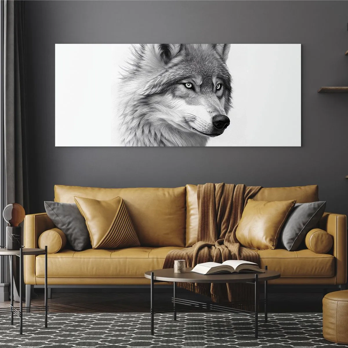 Impression sur verre - Image sur verre - Un portrait réaliste d'un loup dans des tons de gris. - 160x50cm - Alpha – sans aucun doute - Décoration murale moderne pour le salon et la chambre ARTTOR