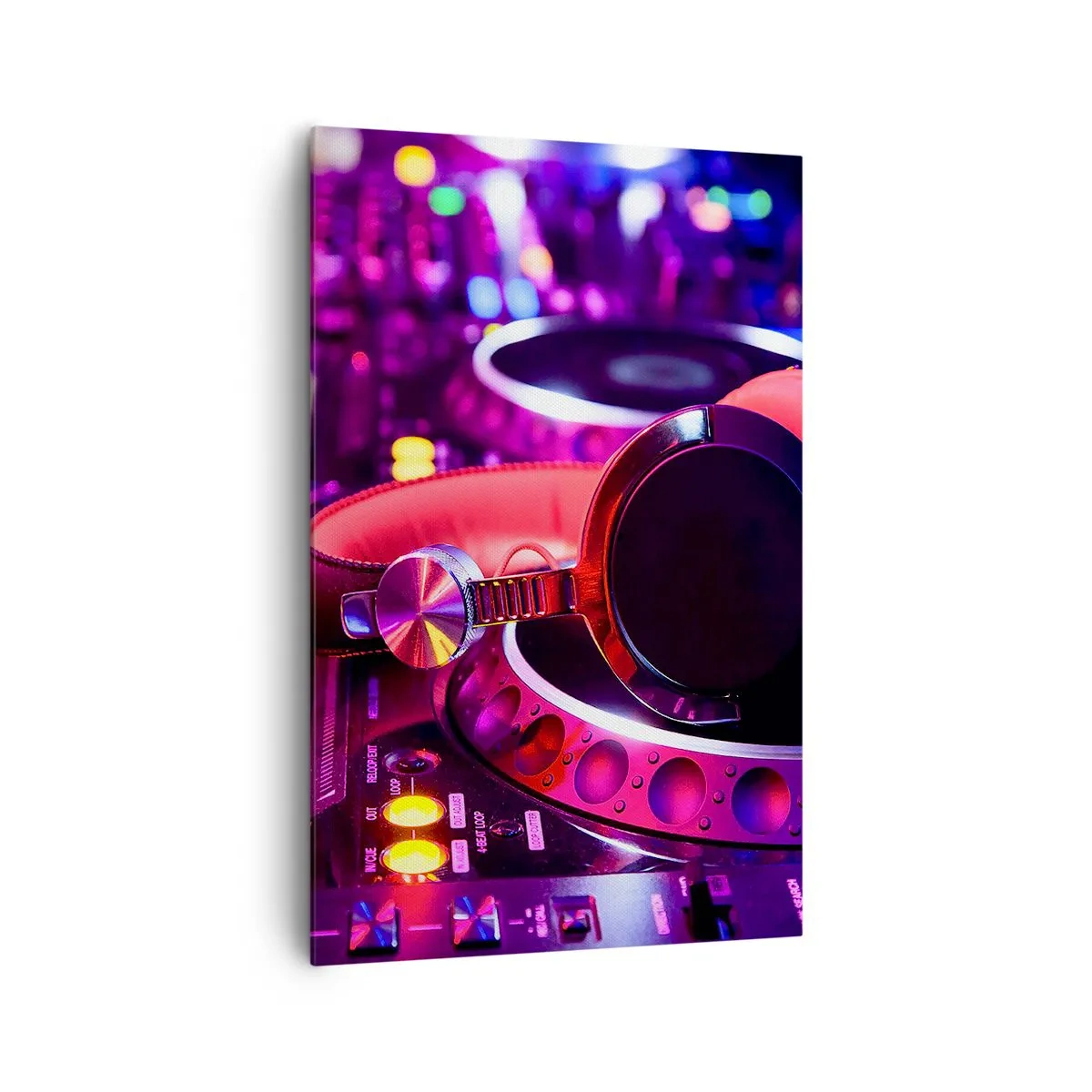 Impression sur toile - Image sur toile - Casque DJ sur une console avec éclairage néon - 80x120cm - Avant que le plaisir ne commence - Décoration murale moderne pour le salon et la chambre ARTTOR
