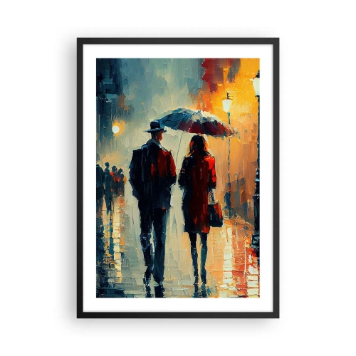 Affiche dans un cadre noir - Poster - Couple romantique sous un parapluie sous la pluie - 50x70cm - Histoire d'amour urbaine - Décoration murale moderne pour le salon et la chambre ARTTOR