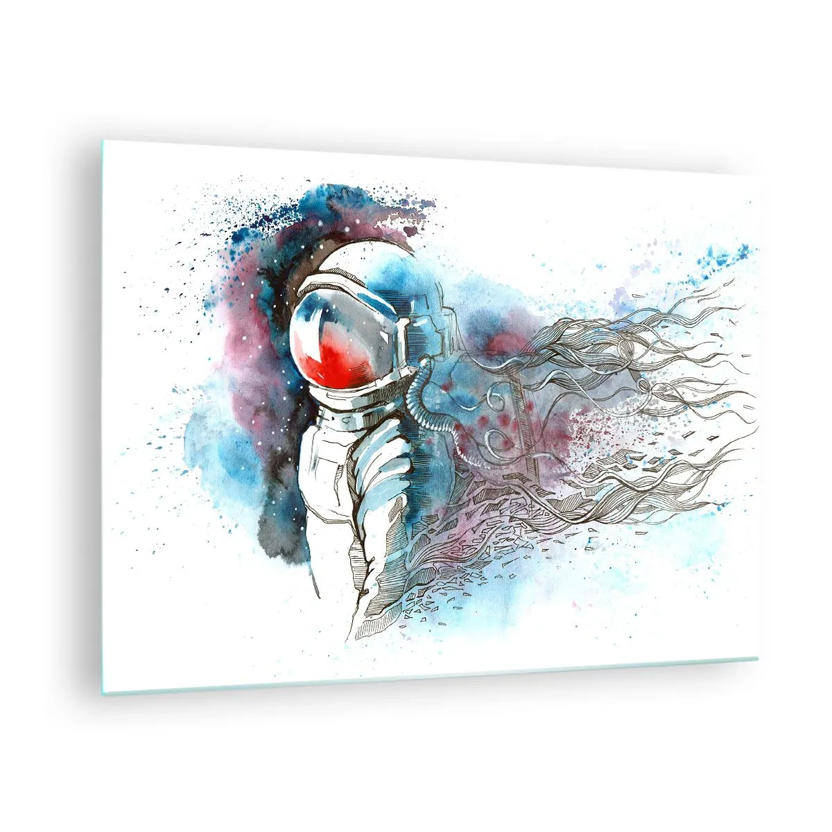 Impression sur verre - Image sur verre - Astronaute dans un décor spatial aquarelle dynamique - 70x50cm - Seul avec l'espace - Décoration murale moderne pour le salon et la chambre ARTTOR