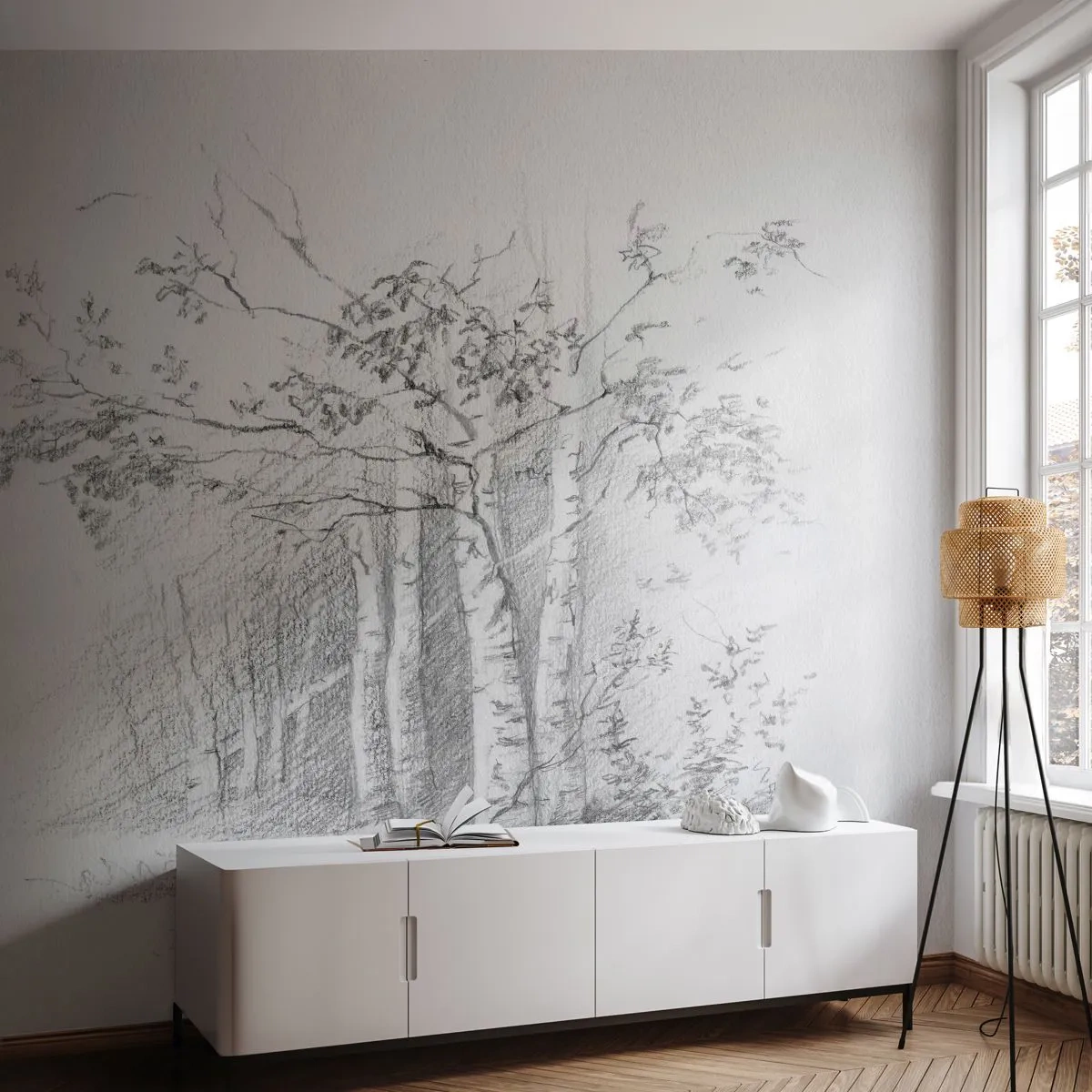 Papier Peint Photo Premium Sand - Lumière d'une forêt de bouleaux - Forêt, Bouleau, Des arbres - 200x140 cm