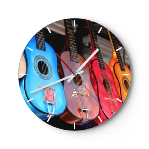 Horloge murale - Pendule murale - Guitares colorées de différentes nuances sur fond sombre - 30x30cm - Ambiance latine - Décoration murale moderne pour le salon, la cuisine et la chambre ARTTOR