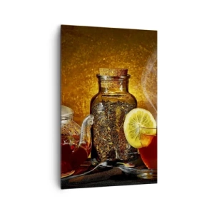 Impression sur toile - Image sur toile - Thé dans une carafe en verre avec du citron et du thé en vrac - 80x120cm - Dans le style des maîtres hollandais - Décoration murale moderne pour le salon et la chambre ARTTOR