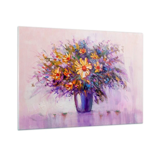 Impression sur verre - Image sur verre - Un bouquet de fleurs colorées dans un vase sur un fond pastel - 100x70cm - Ça sent bon, ça a l'air doux - Décoration murale moderne pour le salon et la chambre ARTTOR