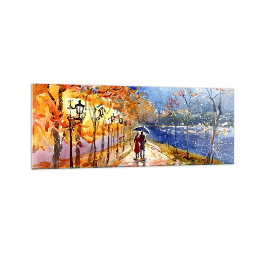 Impression sur verre - Image sur verre - Une promenade d'automne dans le parc au bord de la rivière sous un parasol - 140x50cm - Ensemble jusqu'au bout du temps - Décoration murale moderne pour le salon et la chambre ARTTOR
