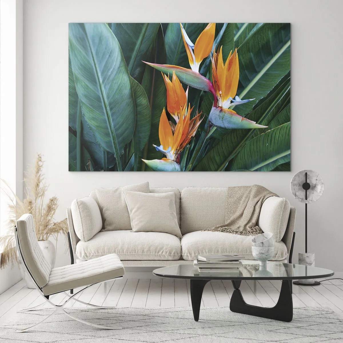 Impression sur verre - Image sur verre - Fleurs de strelitzia exotiques parmi de grandes feuilles vertes - 100x70cm - Est-ce une fleur, est-ce un oiseaux? - Décoration murale moderne pour le salon et la chambre ARTTOR