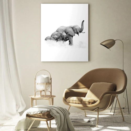 Impression sur verre - Image sur verre - Famille d'éléphants noirs et blancs dans la nature - 50x70cm - Un, deux, trois - Décoration murale moderne pour le salon et la chambre ARTTOR