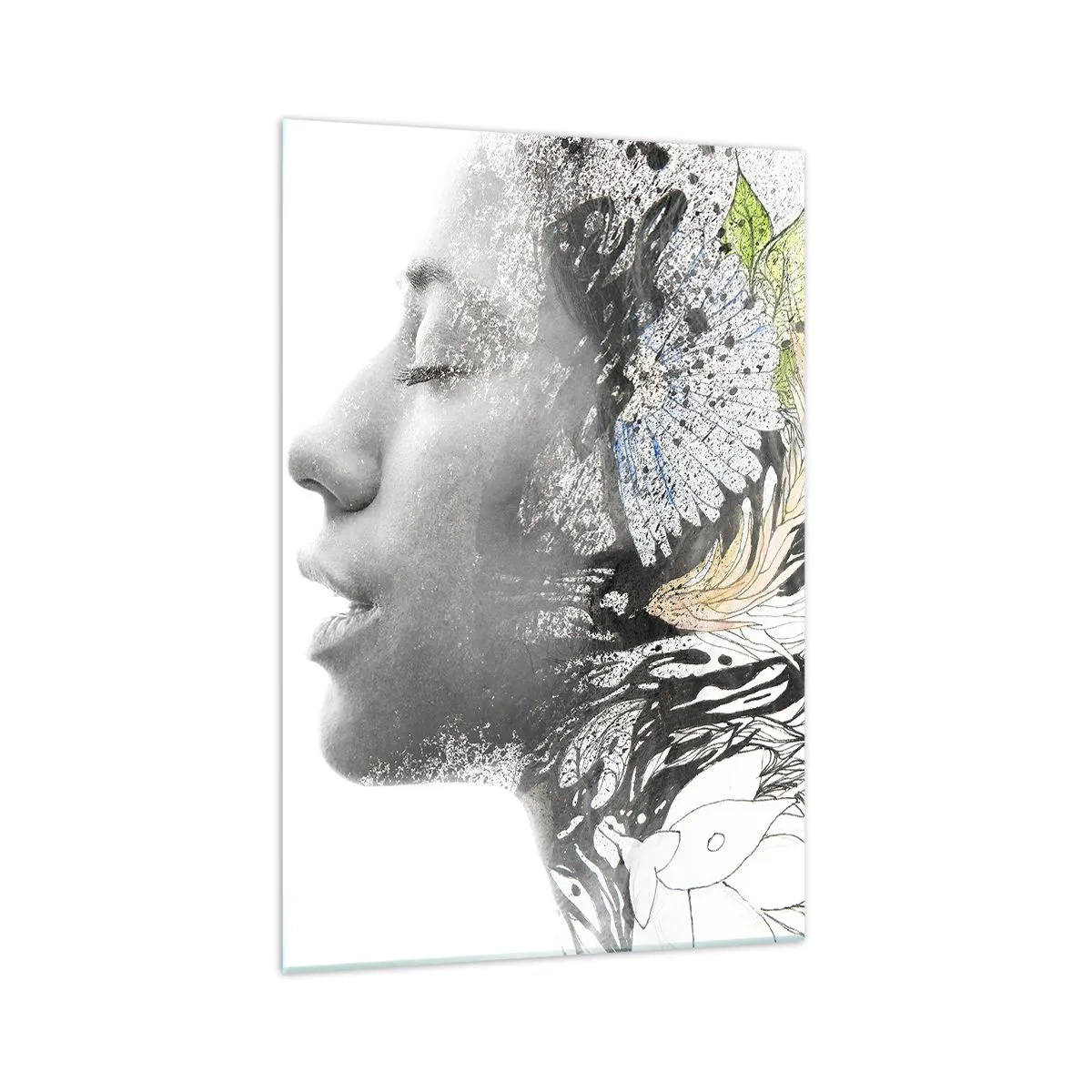 Impression sur verre - Image sur verre - Profil d'une femme dans un collage artistique de nature et de noirceur - 70x100cm - Immergé dans la nature - Décoration murale moderne pour le salon et la chambre ARTTOR