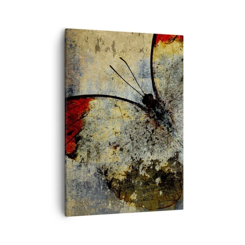 Impression sur toile - Image sur toile - Un papillon dans les tons de rouge et de gris sur un fond texturé - 50x70cm - Regarde avant que je disparaisse - Décoration murale moderne pour le salon et la chambre ARTTOR