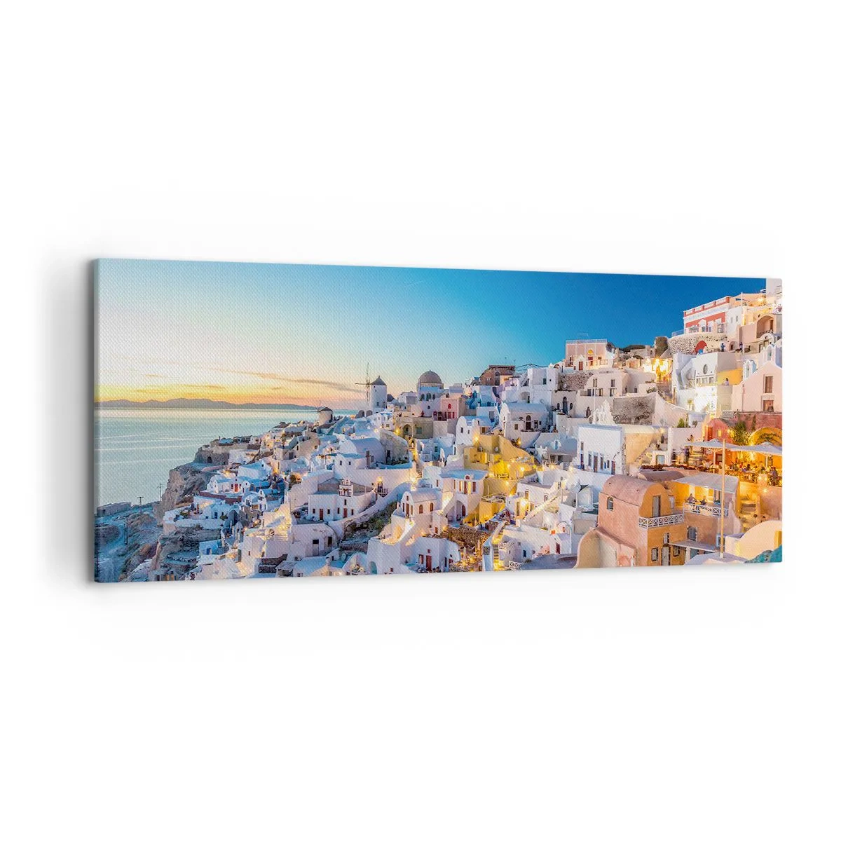 Impression sur toile - Image sur toile - Vue d'une ville grecque au coucher du soleil - 120x50cm - L'essence de la grecque - Décoration murale moderne pour le salon et la chambre ARTTOR