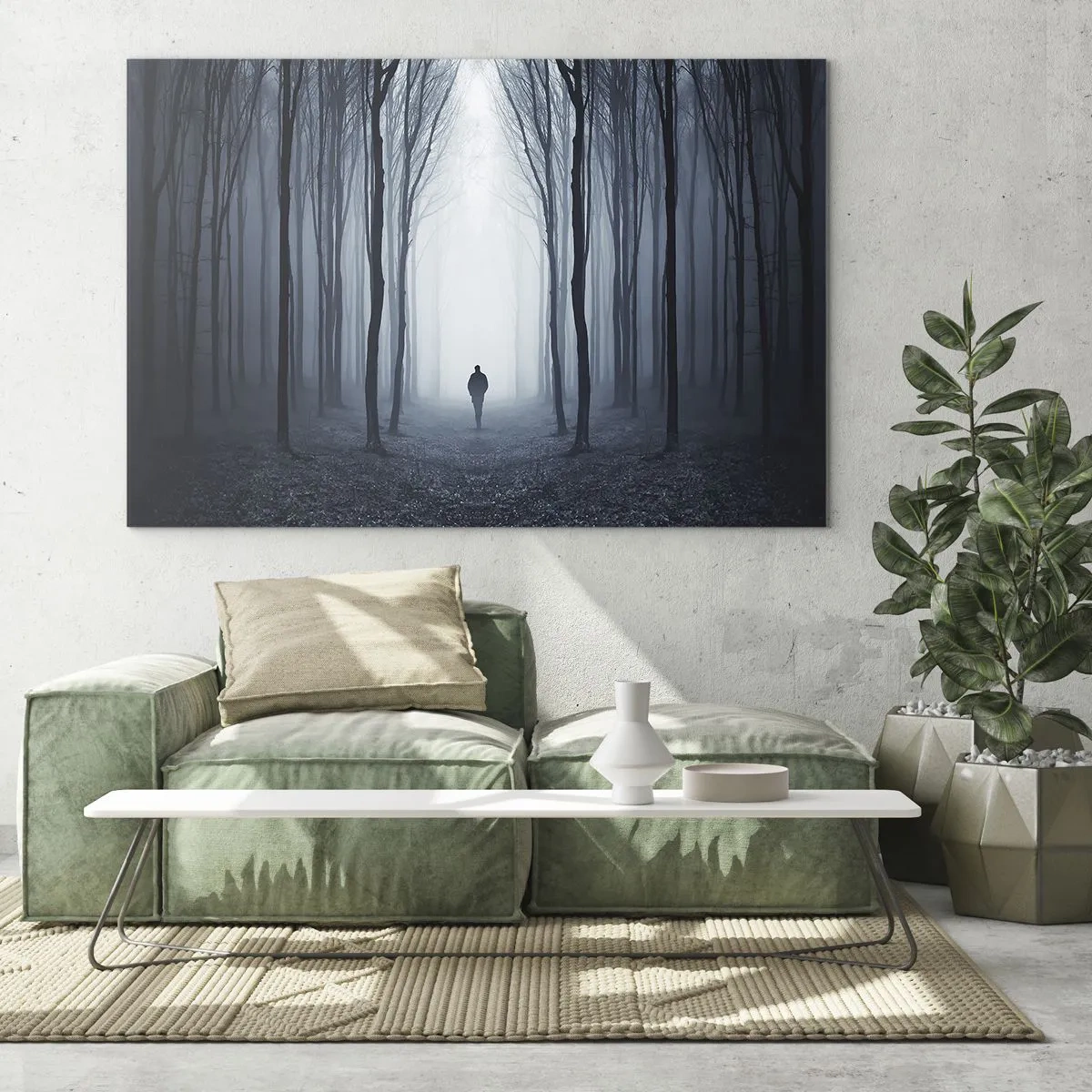 Impression sur verre - Image sur verre - Une silhouette dans une forêt sombre avec du brouillard en arrière-plan - 120x80cm - Tout est simple et clair - Décoration murale moderne pour le salon et la chambre ARTTOR