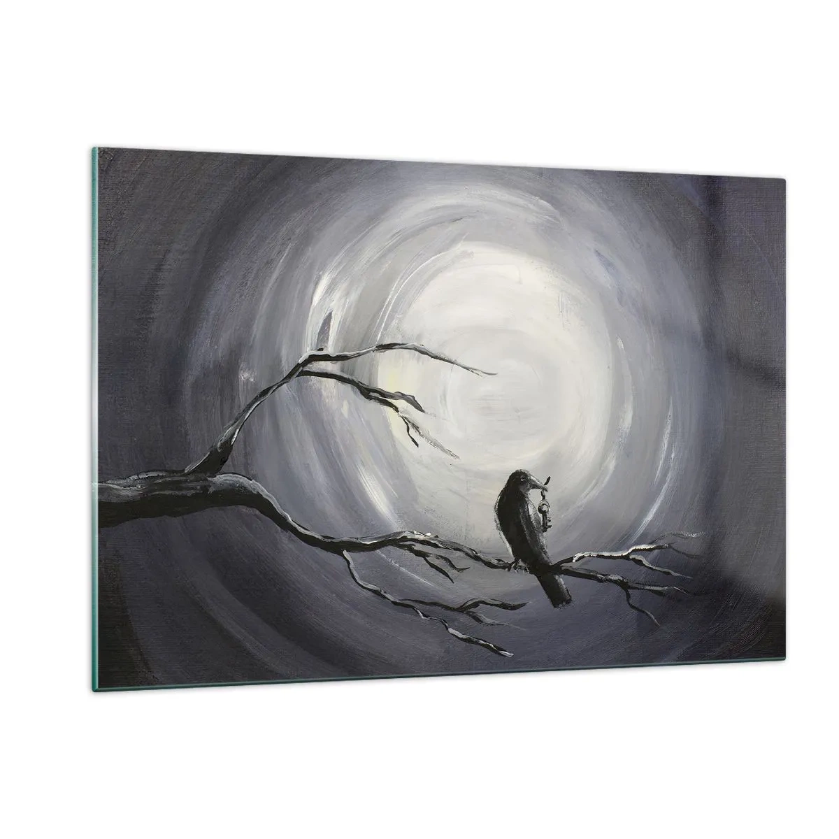 Impression sur verre - Image sur verre - Un corbeau assis sur une branche sur fond de pleine lune - 120x80cm - La clé du mystère de la nuit - Décoration murale moderne pour le salon et la chambre ARTTOR