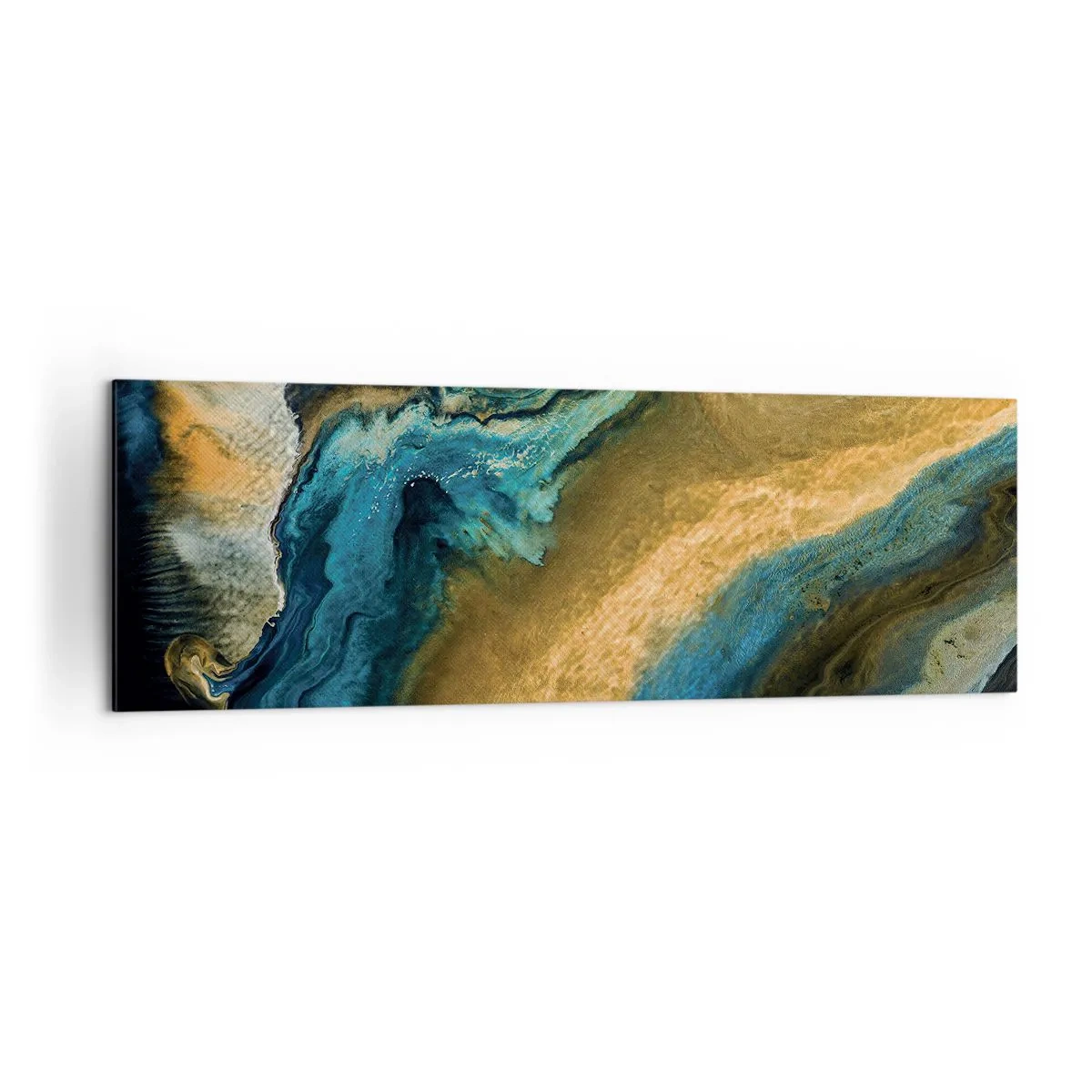 Impression sur toile - Image sur toile - Vagues abstraites dans des tons d'or et de bleu - 160x50cm - Bleu - jaune - influences mutuelles - Décoration murale moderne pour le salon et la chambre ARTTOR