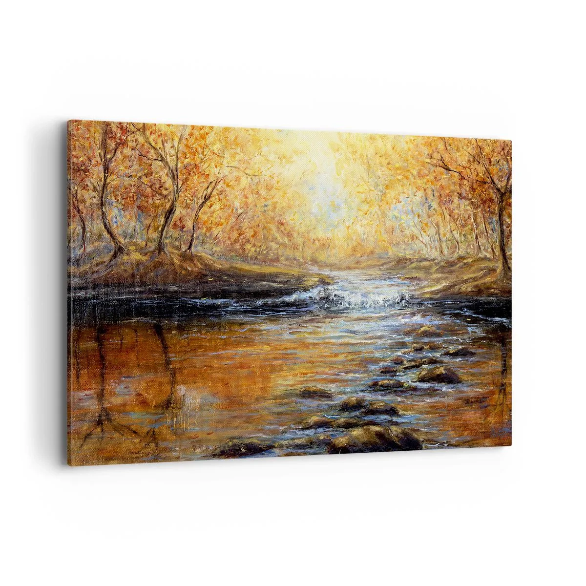 Impression sur toile - Image sur toile - Paysage d'automne avec une rivière parmi les arbres - 100x70cm - Le ruisseau d'or - Décoration murale moderne pour le salon et la chambre ARTTOR