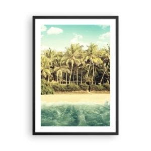Affiche dans un cadre noir - Poster - Plage tropicale avec palmiers et eaux azurées - 50x70cm - Peut-être ici? - Décoration murale moderne pour le salon et la chambre ARTTOR