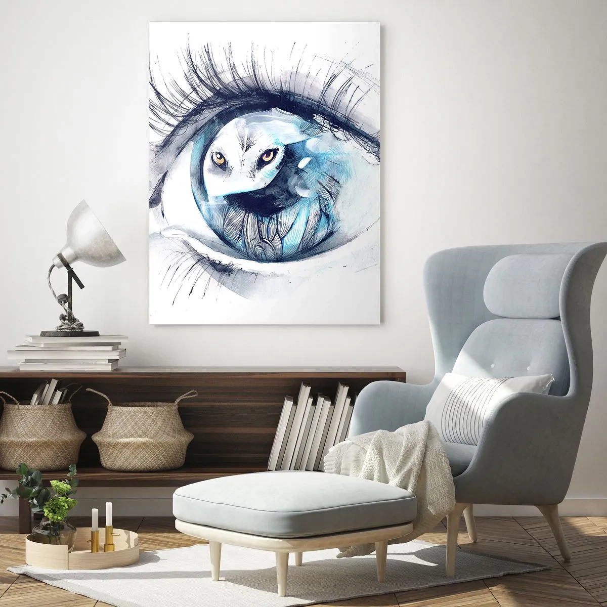 Impression sur verre - Image sur verre - Un œil avec une image d'un hibou dans des tons bleus à l'aquarelle - 70x100cm - Face à face avec la nature sauvage - Décoration murale moderne pour le salon et la chambre ARTTOR
