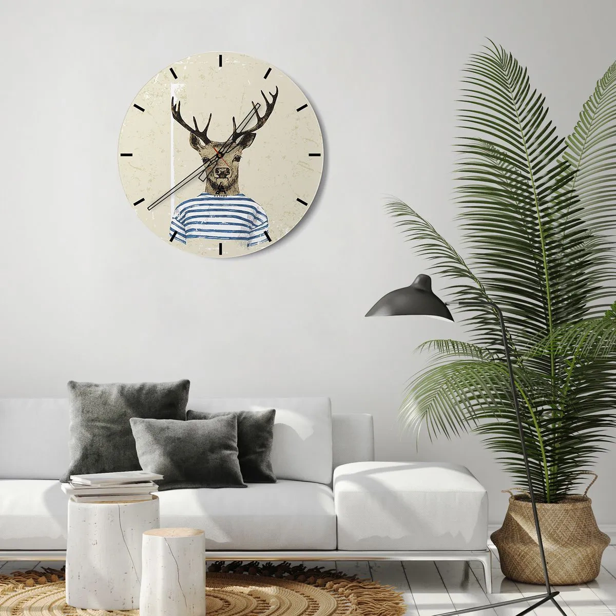 Horloge murale - Pendule murale - Un cerf de dessin animé en vêtements rayés sur un fond beige - 30x30cm - Parce que j'aime les chemises rayées - Décoration murale moderne pour le salon, la cuisine et la chambre ARTTOR