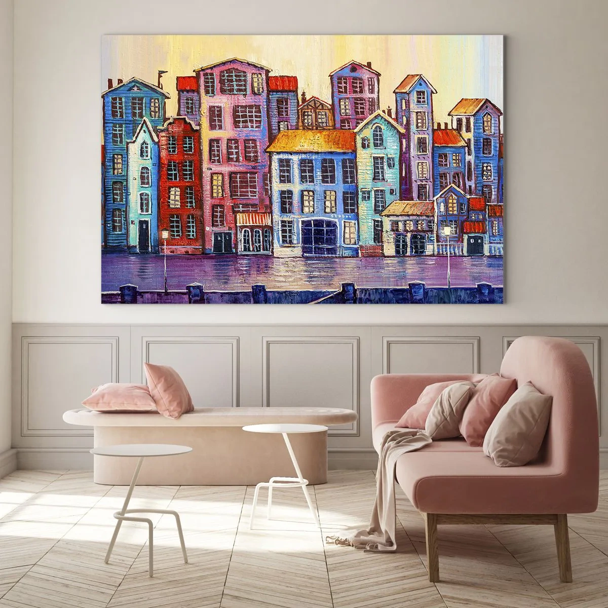 Impression sur verre - Image sur verre - Des immeubles colorés se reflètent dans l'eau - 120x80cm - Une ville comme dans un conte de fées - Décoration murale moderne pour le salon et la chambre ARTTOR