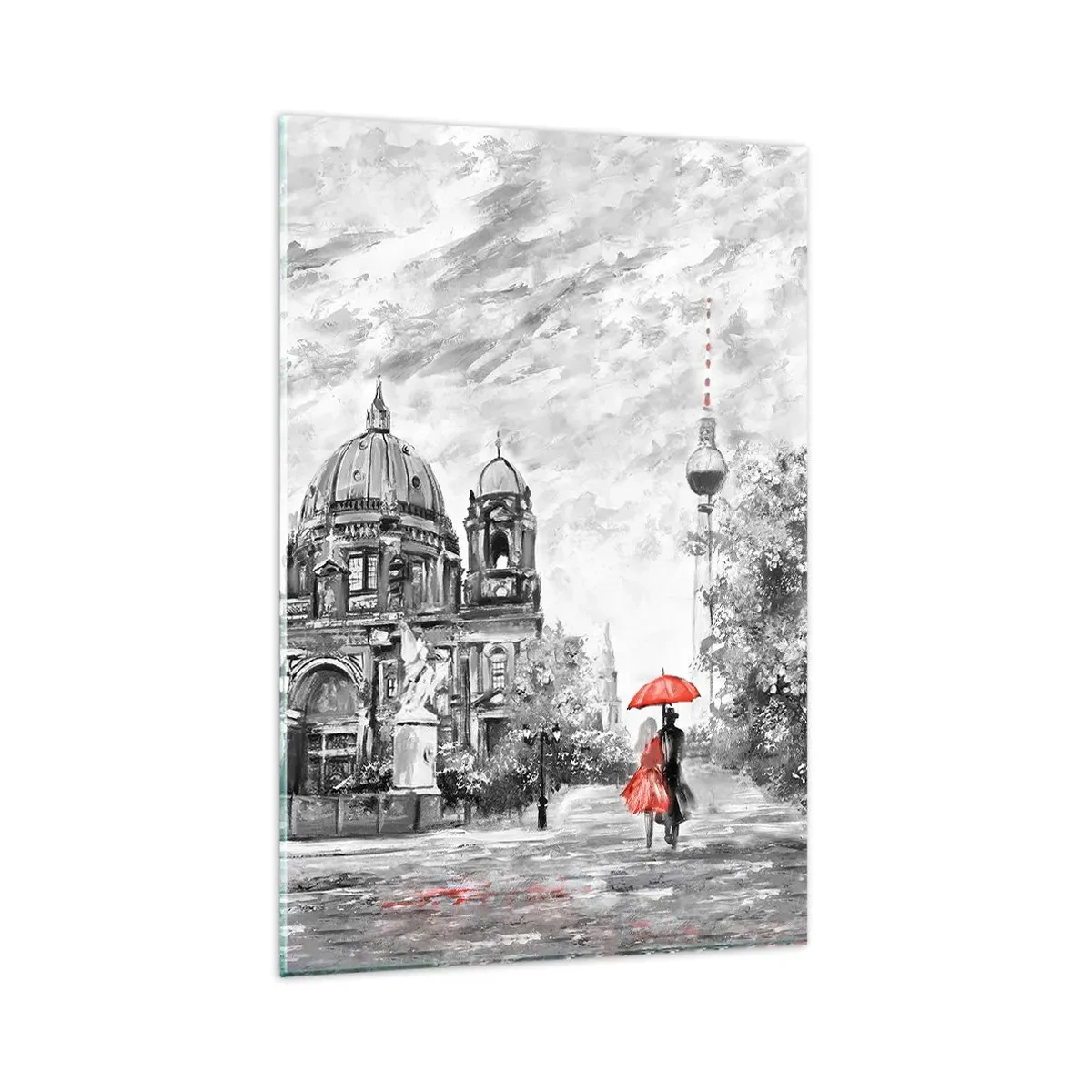 Impression sur verre - Image sur verre - Scène en noir et blanc avec Berlin, un parapluie rouge et un arbre - 80x120cm - Rencontre berlinoise - Décoration murale moderne pour le salon et la chambre ARTTOR