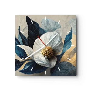 Horloge murale - Pendule murale - Une fleur aux feuilles bleues sur un fond élégant - 30x30cm - Il a un coeur d'or - Décoration murale moderne pour le salon et la chambre ARTTOR