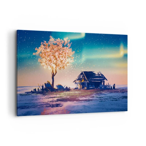 Impression sur toile - Image sur toile - Une maison et un arbre en fleurs sous le ciel nocturne - 120x80cm - La nature ne passe pas - Décoration murale moderne pour le salon et la chambre ARTTOR