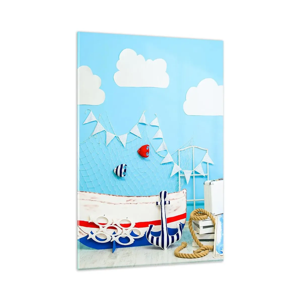 Impression sur verre - Image sur verre - Décoration nautique avec un bateau et des accessoires sur fond bleu - 80x120cm - Nostalgie infantile de l'aventure - Décoration murale moderne pour le salon et la chambre ARTTOR