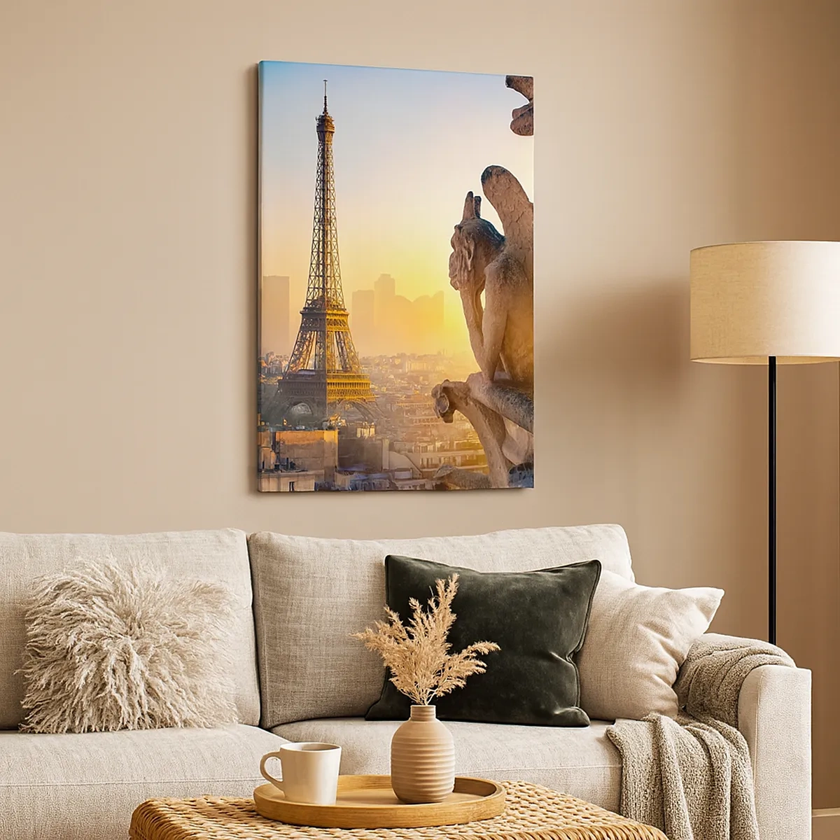 Impression sur toile - Image sur toile - Vue de la Tour Eiffel avec des gargouilles en arrière-plan - 50x70cm - Tellement de choses ont changés... - Décoration murale moderne pour le salon et la chambre ARTTOR