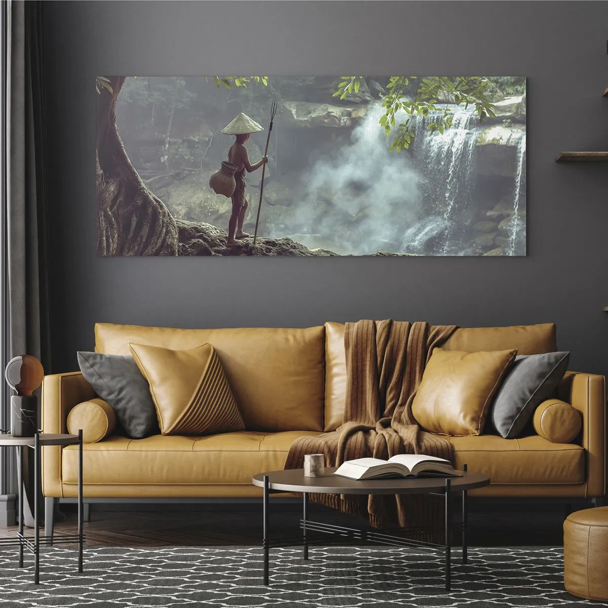 Impression sur verre - Image sur verre - Une figure avec une lance près d'une cascade dans une forêt tropicale - 160x50cm - Lier d'amitié avec la nature - Décoration murale moderne pour le salon et la chambre ARTTOR