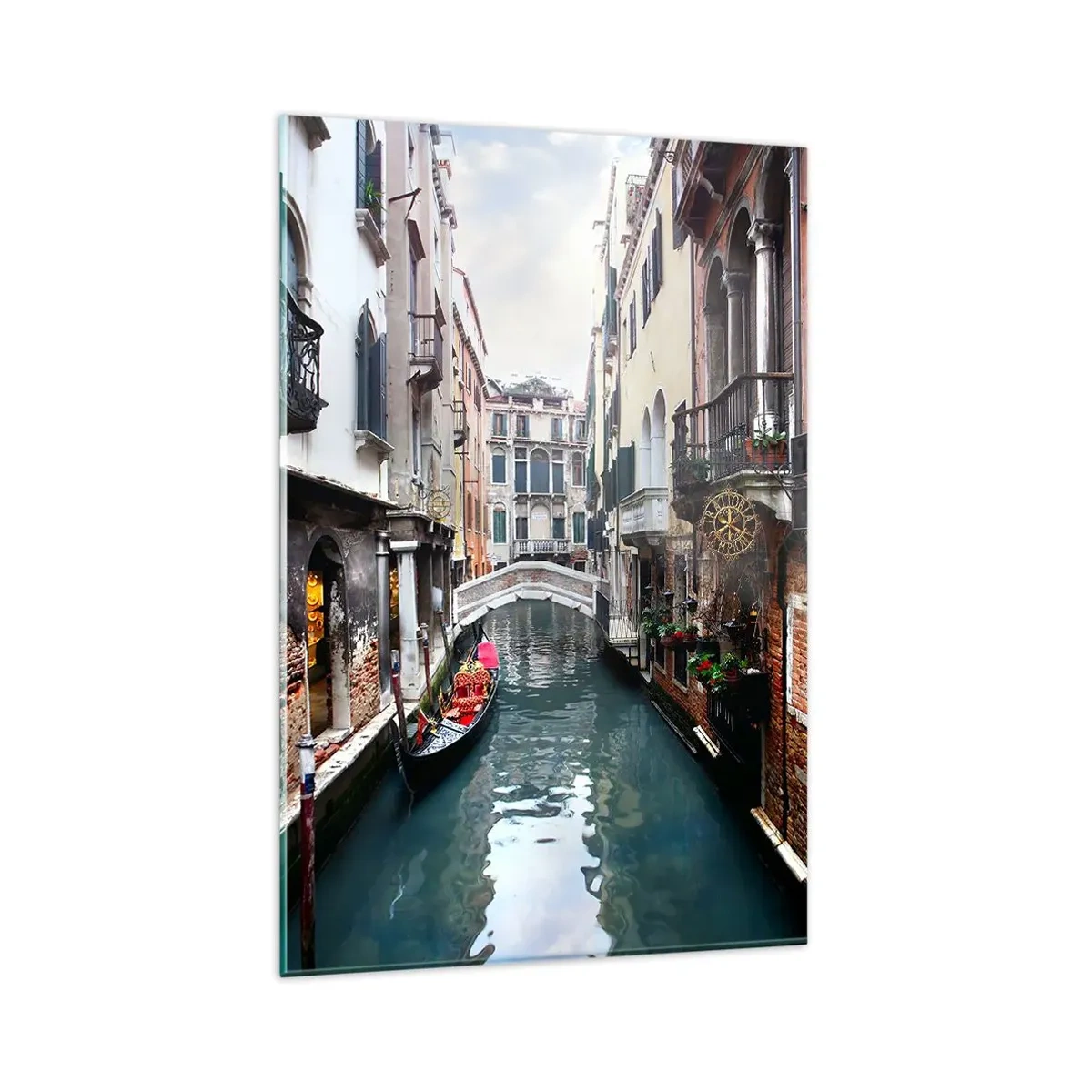 Impression sur verre - Image sur verre - Un canal à Venise avec une gondole et des bâtiments historiques - 80x120cm - Paysage vénitien avec une gondole et un pont - Décoration murale moderne pour le salon et la chambre ARTTOR