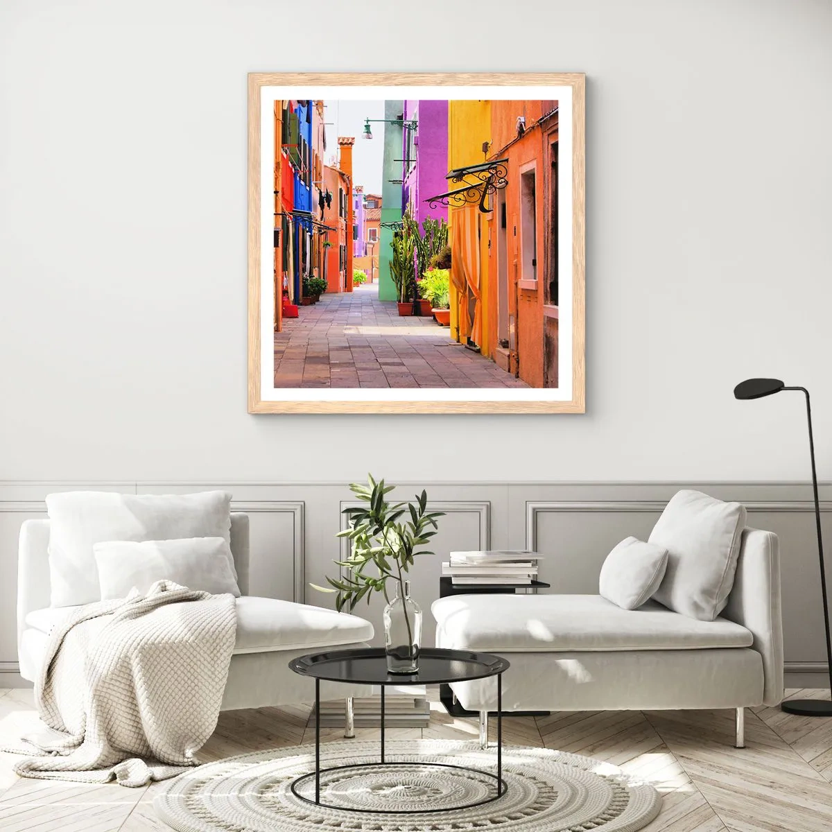 Affiche dans un chêne clair - Poster - Allée arc-en-ciel - 50x50 cm