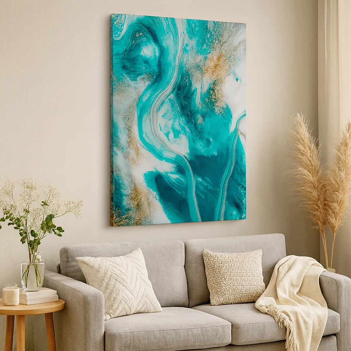 Impression sur toile - Image sur toile - Abstraction turquoise avec des accents blancs et dorés - 50x70cm - Rivière d'or - Décoration murale moderne pour le salon et la chambre ARTTOR