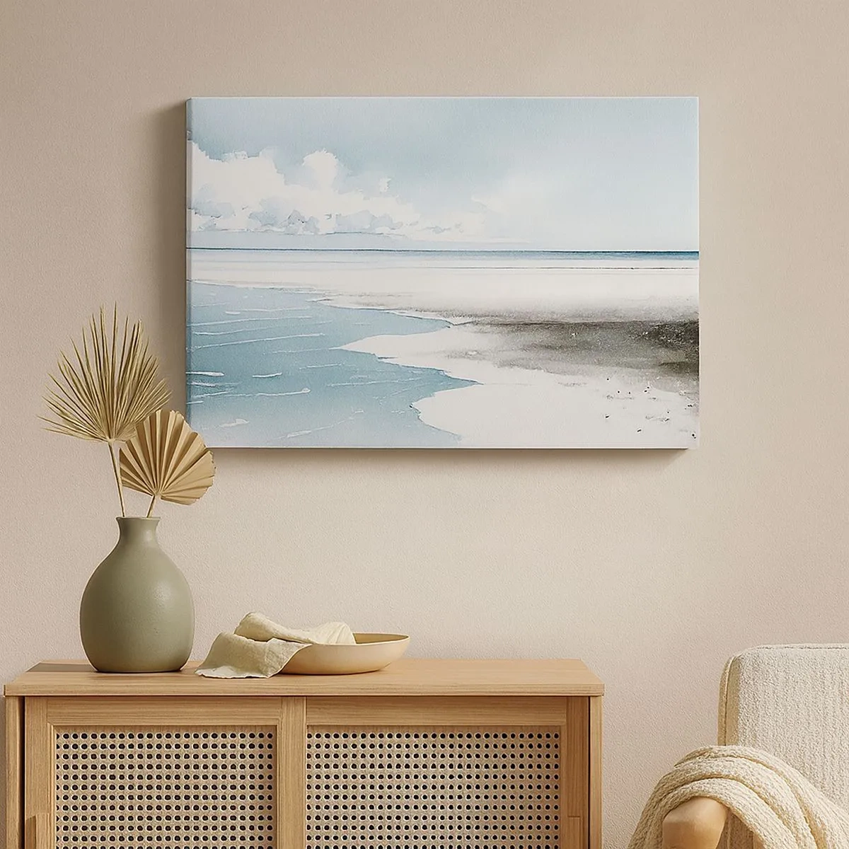 Impression sur toile - Image sur toile - Une mer calme et une plage aux tons clairs de bleu - 70x50cm - Marée douce - Décoration murale moderne pour le salon et la chambre ARTTOR