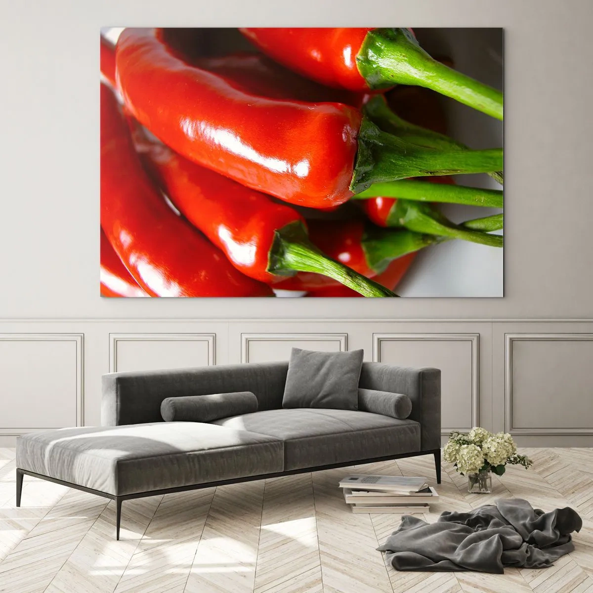Impression sur verre - Image sur verre - Piments rouges avec des tiges vertes - 120x80cm - Juteux, brillant, lisse - Décoration murale moderne pour le salon et la chambre ARTTOR
