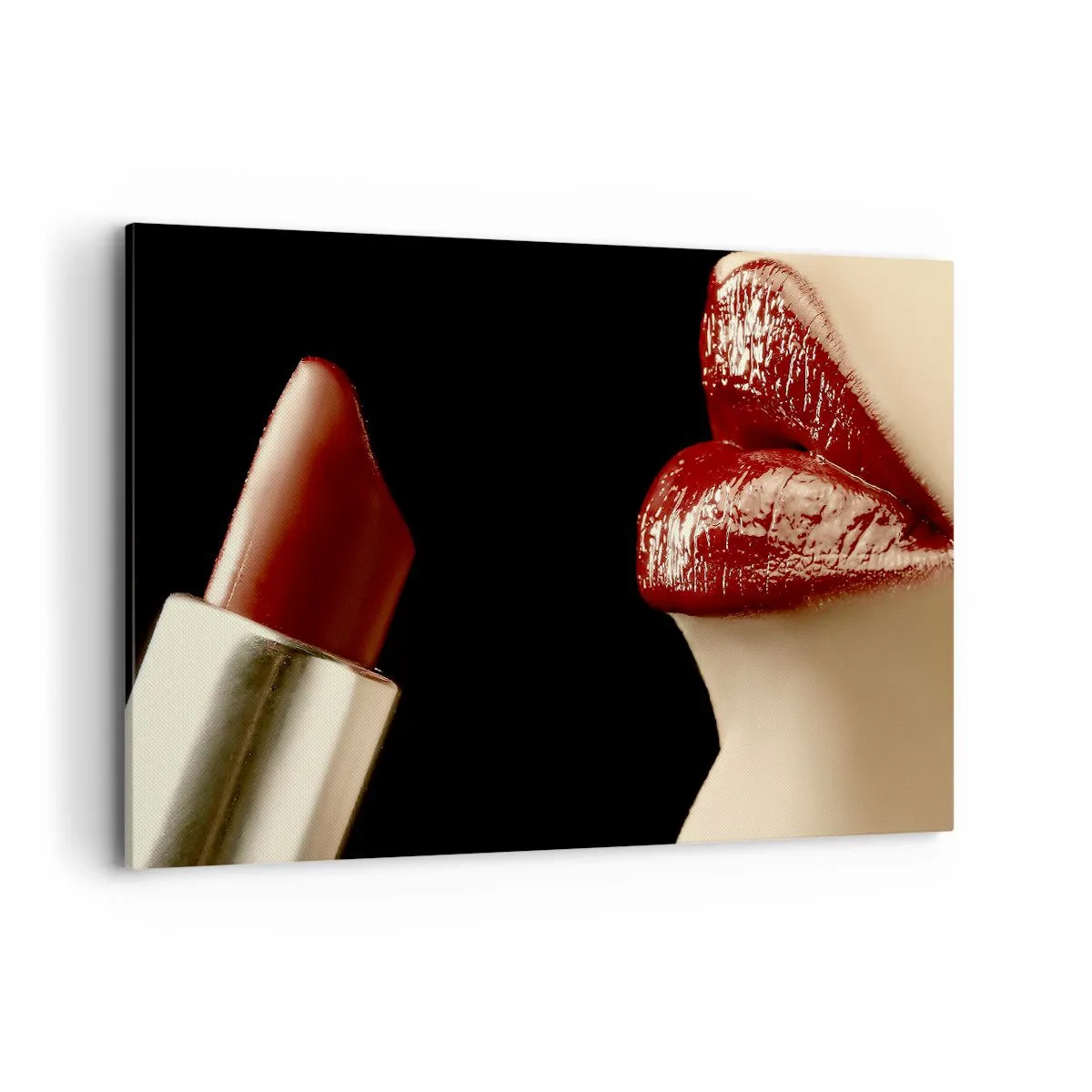 Impression sur toile - Image sur toile - Lèvres rouges et rouge à lèvres sur fond noir - 120x80cm - Sensualité et brillance du carmin - Décoration murale moderne pour le salon et la chambre ARTTOR