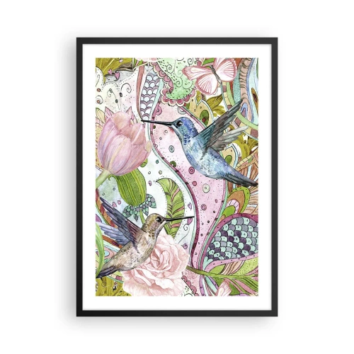 Affiche dans un cadre noir - Poster - Colibris colorés sur fond de fleurs et de motifs - 50x70cm - Empêtré dans les vignes - Décoration murale moderne pour le salon et la chambre ARTTOR