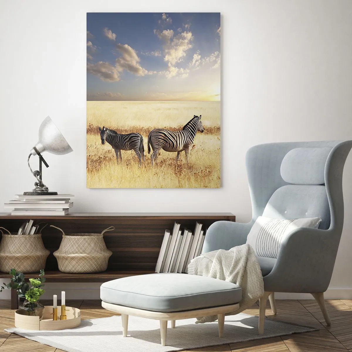 Impression sur verre - Image sur verre - Deux zèbres dans la savane au coucher du soleil - 50x70cm - Va-t'en, n'ai pas de paix - Décoration murale moderne pour le salon et la chambre ARTTOR