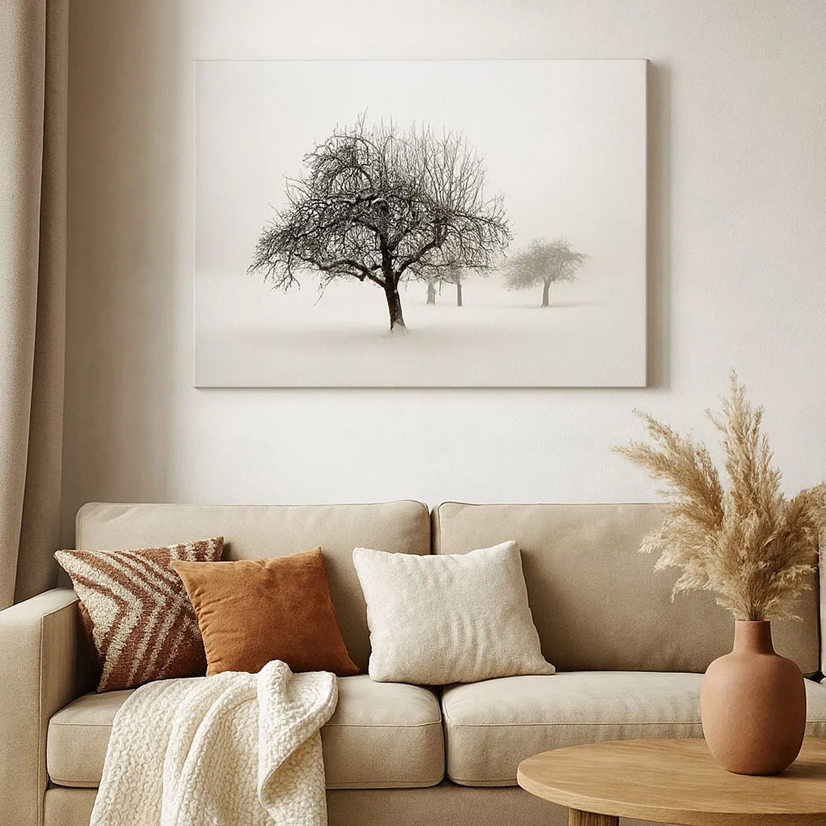Impression sur toile - Image sur toile - Arbres dans un champ enneigé entouré de brouillard - 70x50cm - Un rêve hivernal - Décoration murale moderne pour le salon et la chambre ARTTOR