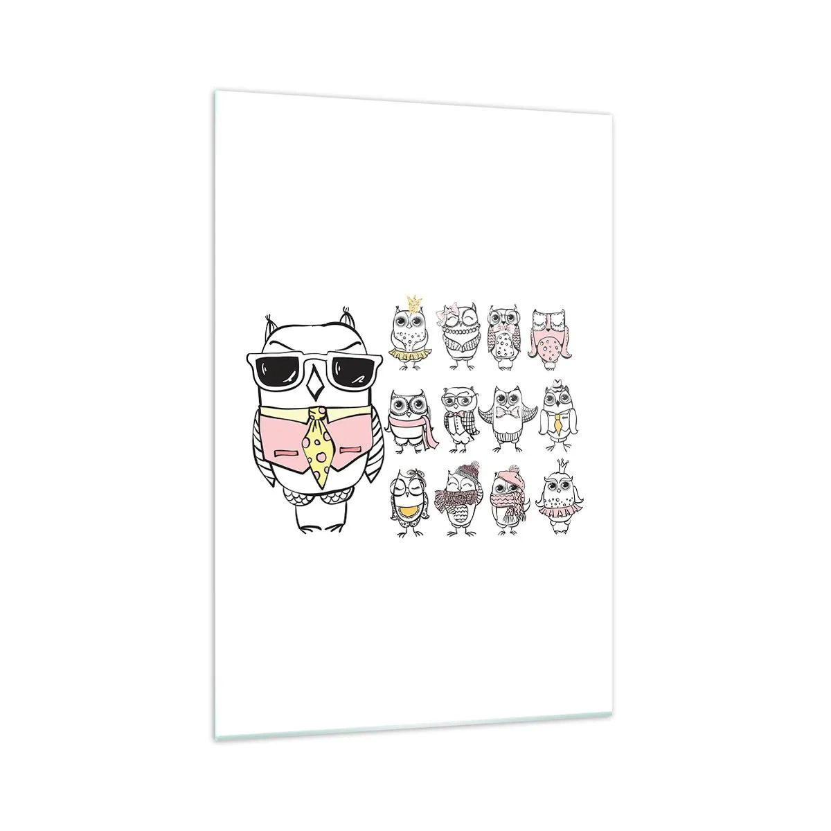 Impression sur verre - Image sur verre - Des hiboux dans différents styles et vêtements - 70x100cm - Tant de rôles à jouer - Décoration murale moderne pour le salon et la chambre ARTTOR